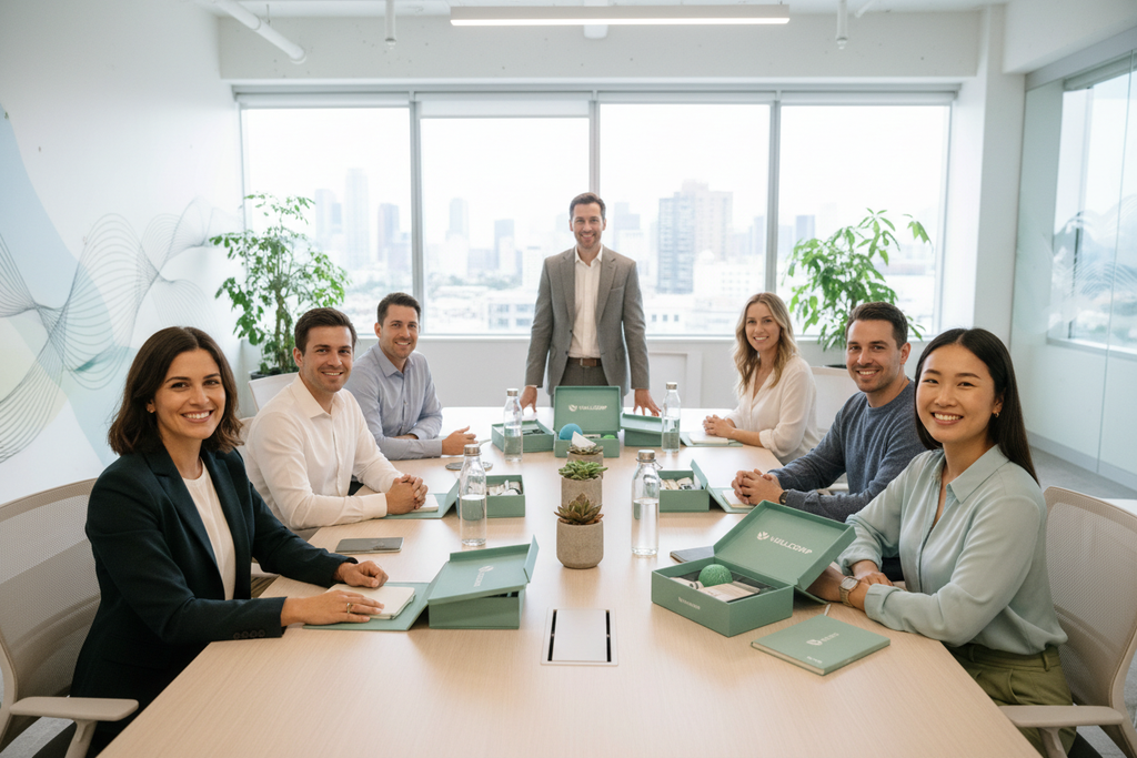 Group of professionals in bright modern office with branded wellness kits on table