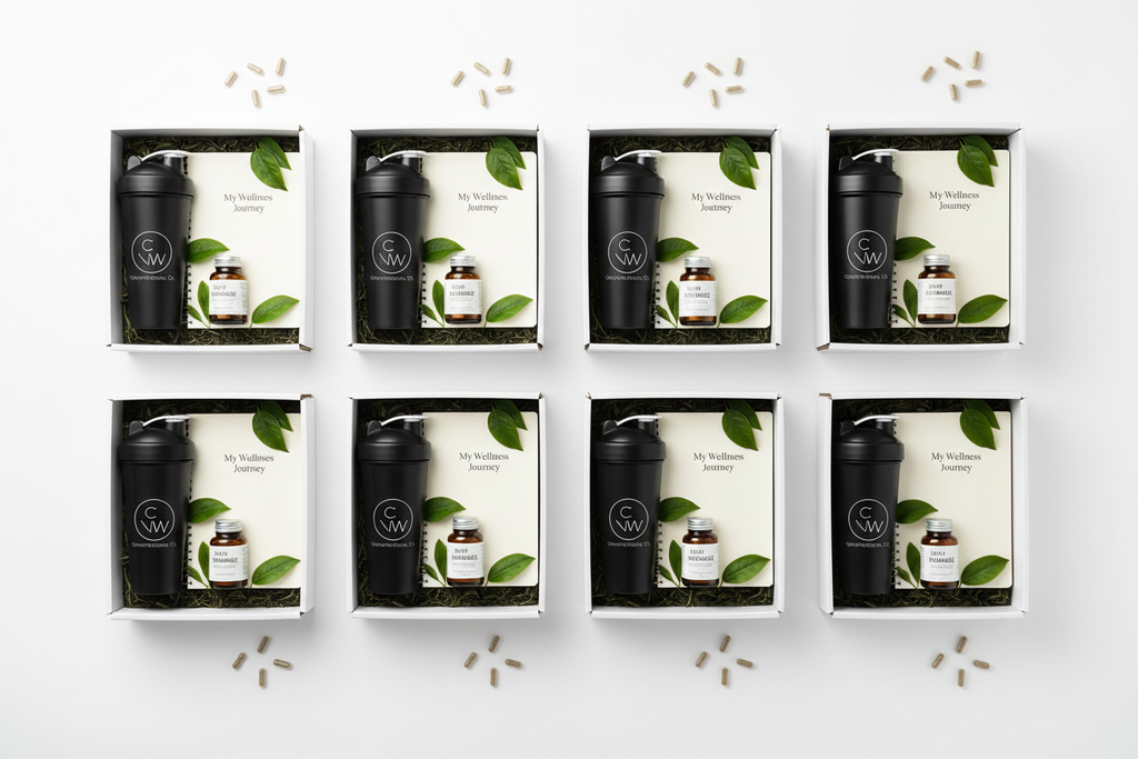 10 branded corporate wellness boxes arranged neatly with supplements, journal, and shaker bottle on white background
