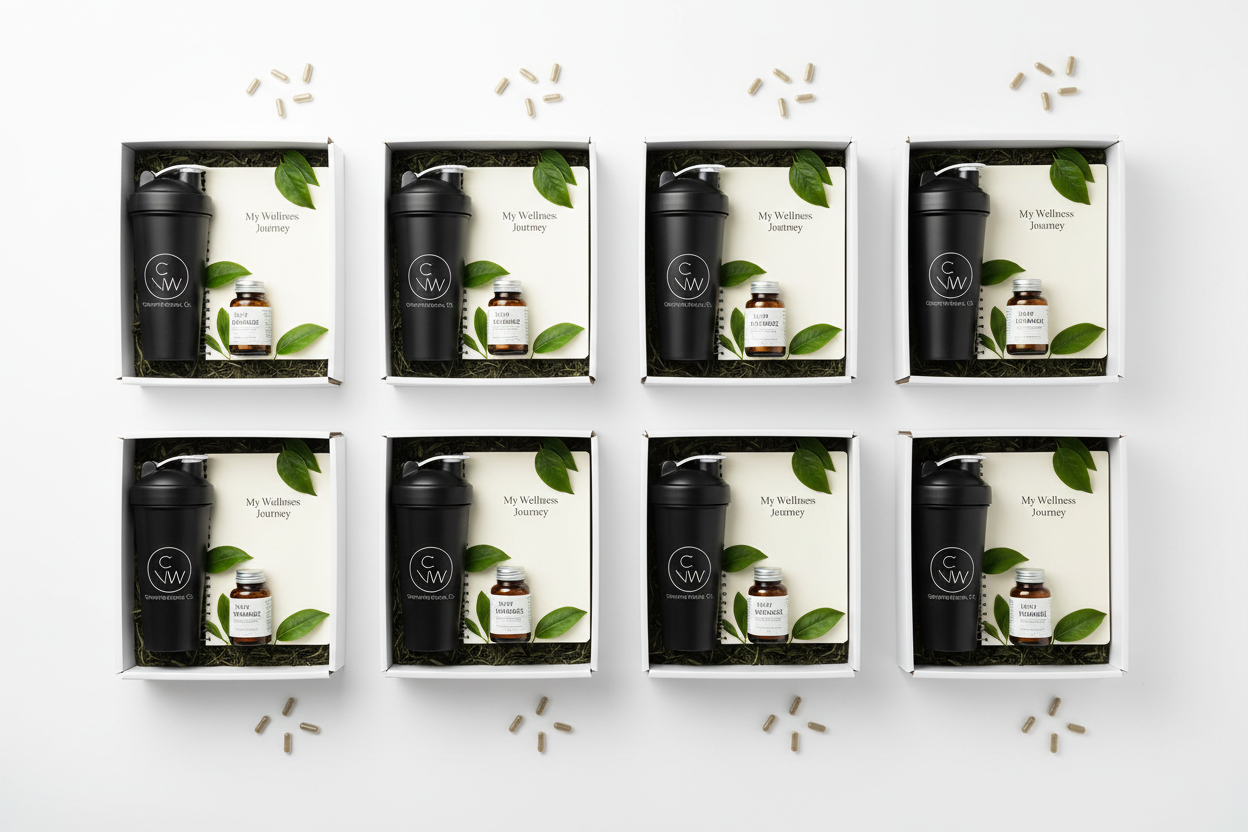 10 branded corporate wellness boxes arranged neatly with supplements, journal, and shaker bottle on white background