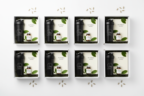 10 branded corporate wellness boxes arranged neatly with supplements, journal, and shaker bottle on white background